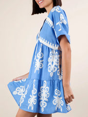 Printed V-Neck Short Sleeve Mini Dress