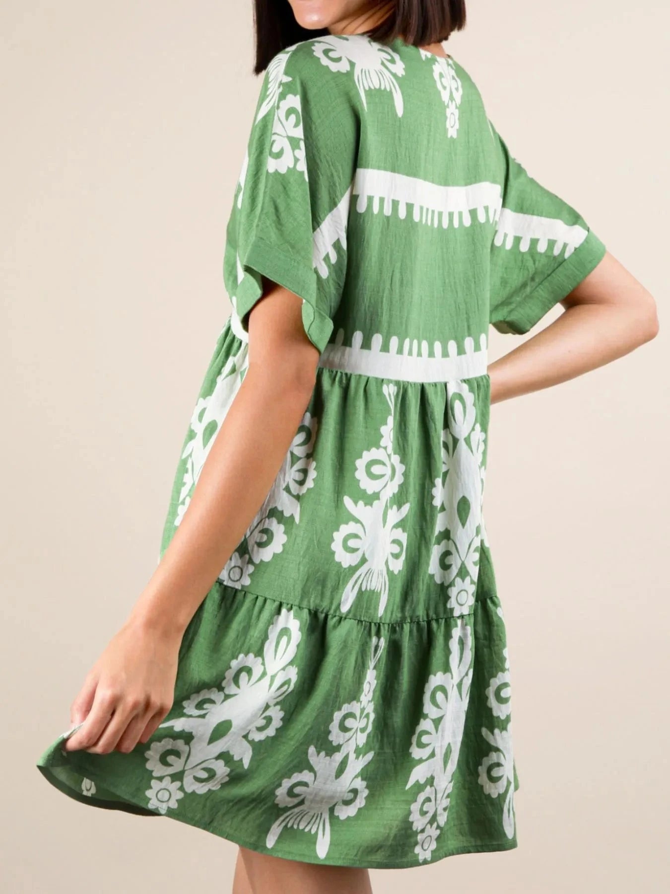 Printed V-Neck Short Sleeve Mini Dress