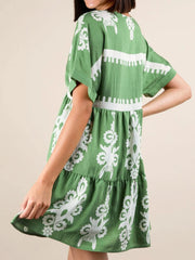 Printed V-Neck Short Sleeve Mini Dress