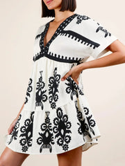 Printed V-Neck Short Sleeve Mini Dress