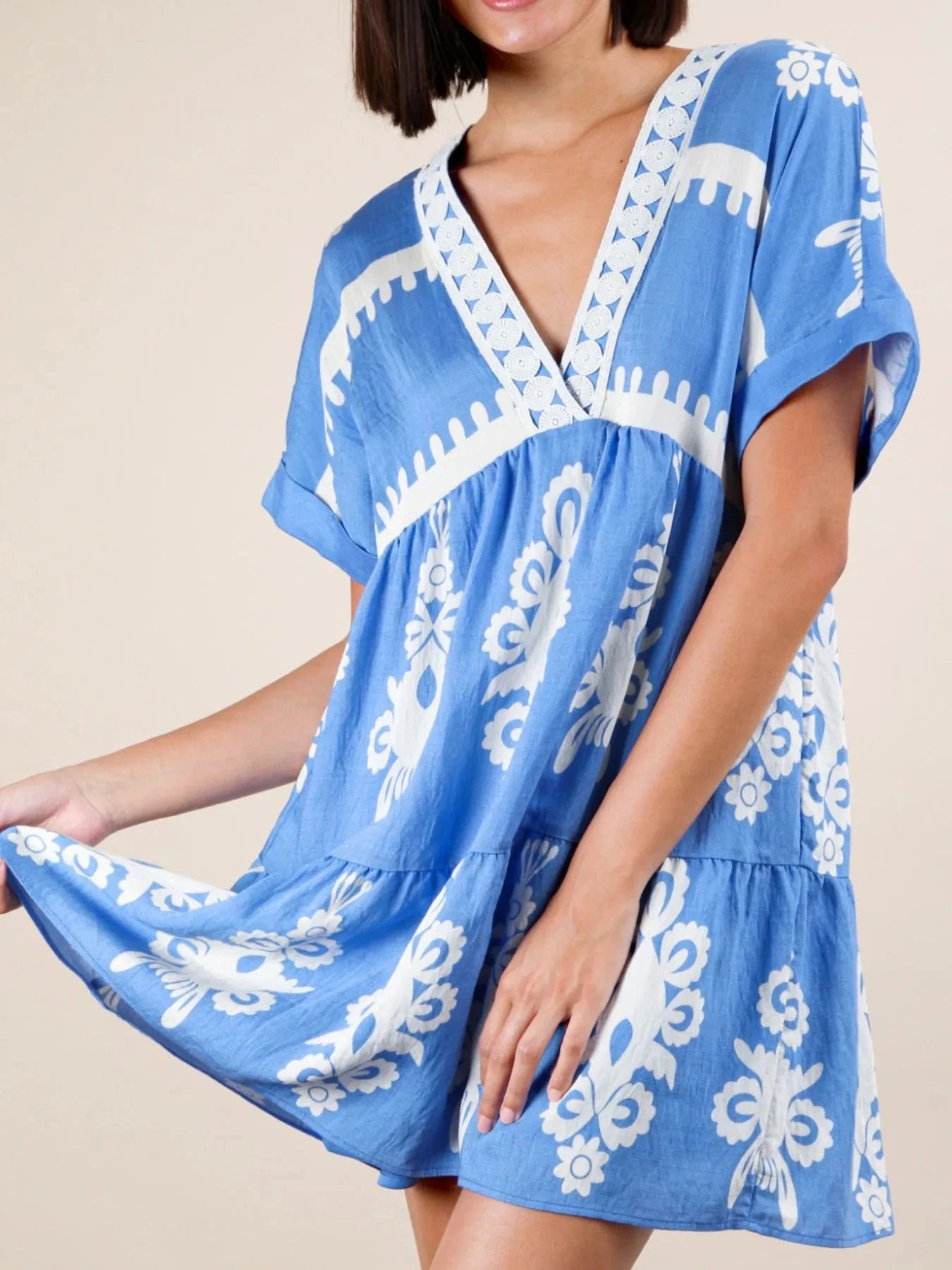 Printed V-Neck Short Sleeve Mini Dress Blue / S