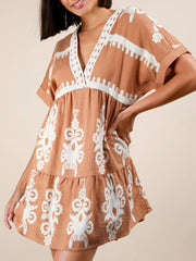 Printed V-Neck Short Sleeve Mini Dress Camel / S