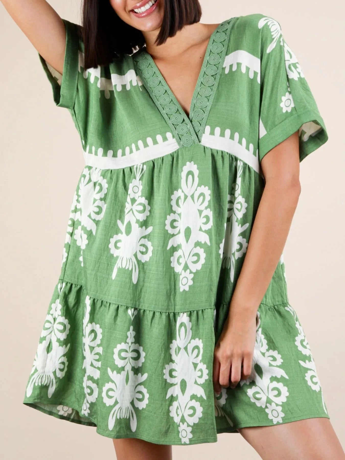 Printed V-Neck Short Sleeve Mini Dress Green / S