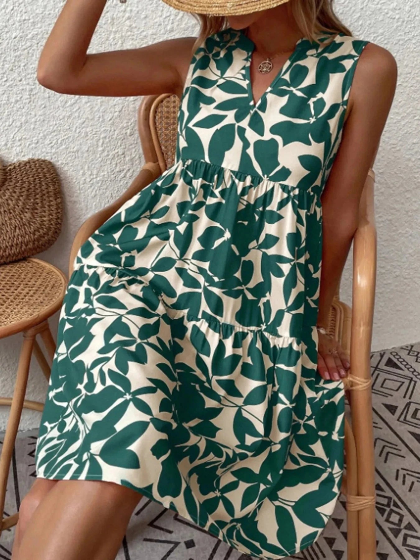 Printed V-Neck Sleeveless Mini Dress