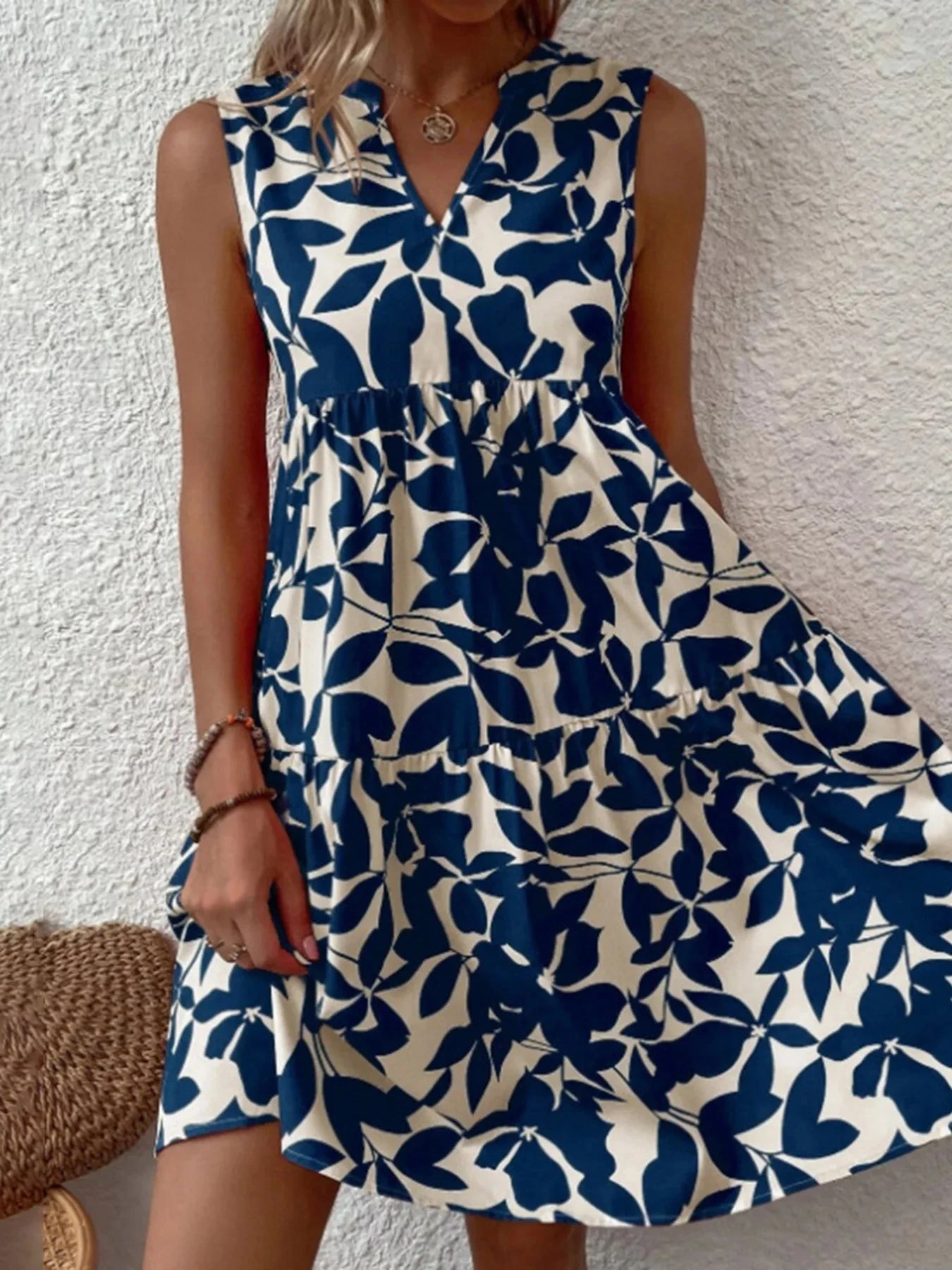 Printed V-Neck Sleeveless Mini Dress