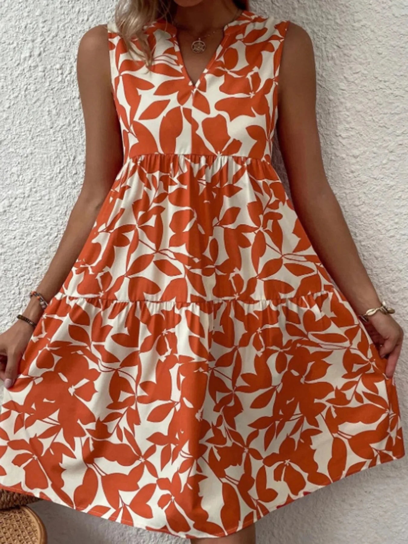 Printed V-Neck Sleeveless Mini Dress Orange / S