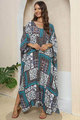 Printed V-Neck Split Maxi Dress Teal / One Size