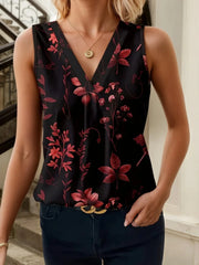 Printed V-Neck Tank Black Red / S