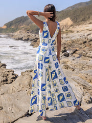 Printed V-Neck Wide Leg Jumpsuit