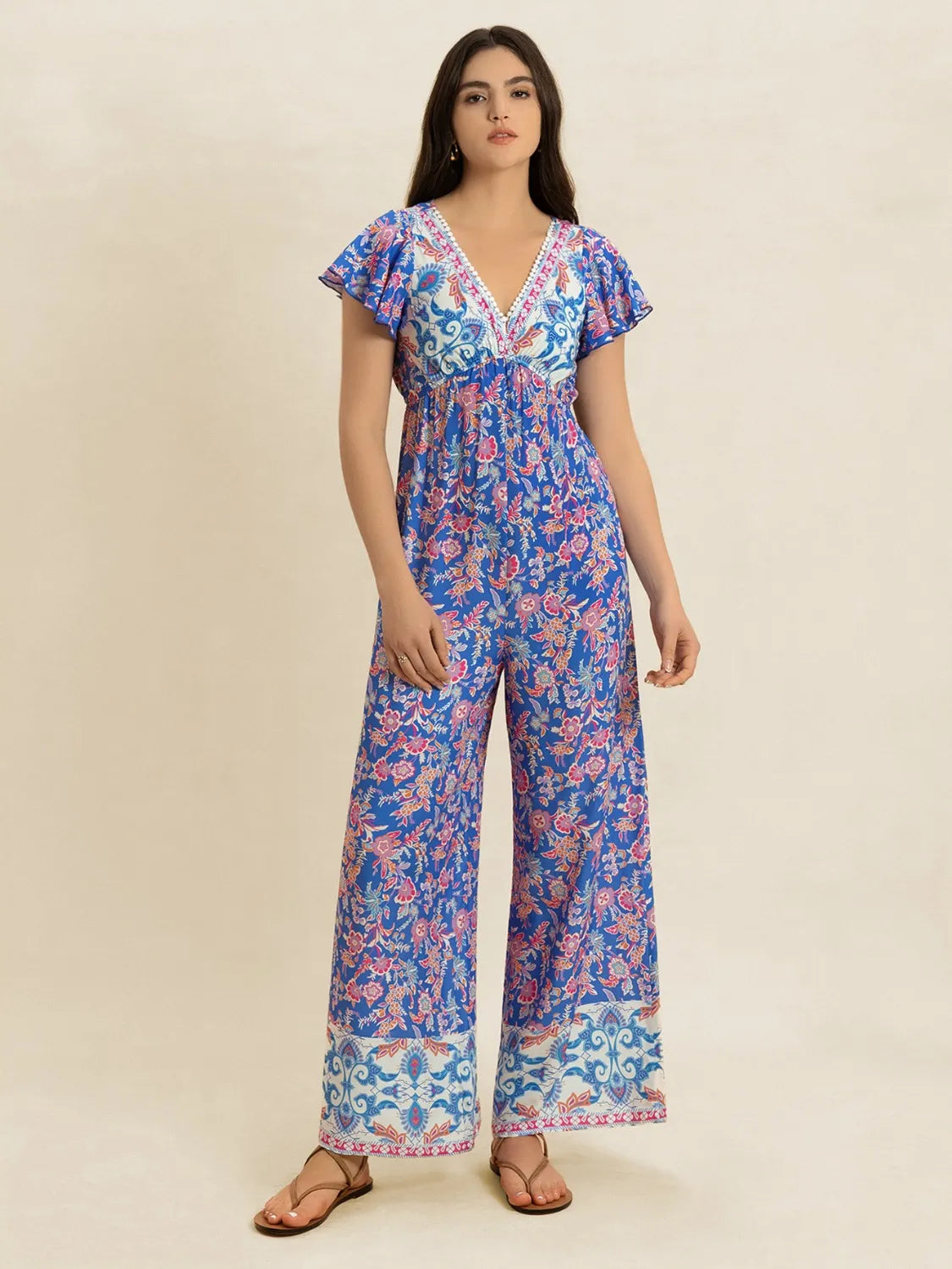 Printed V-Neck Wide Leg Jumpsuit