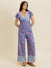 Printed V-Neck Wide Leg Jumpsuit Blue Purple / S
