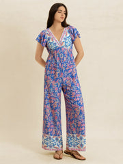 Printed V-Neck Wide Leg Jumpsuit Blue Purple / S