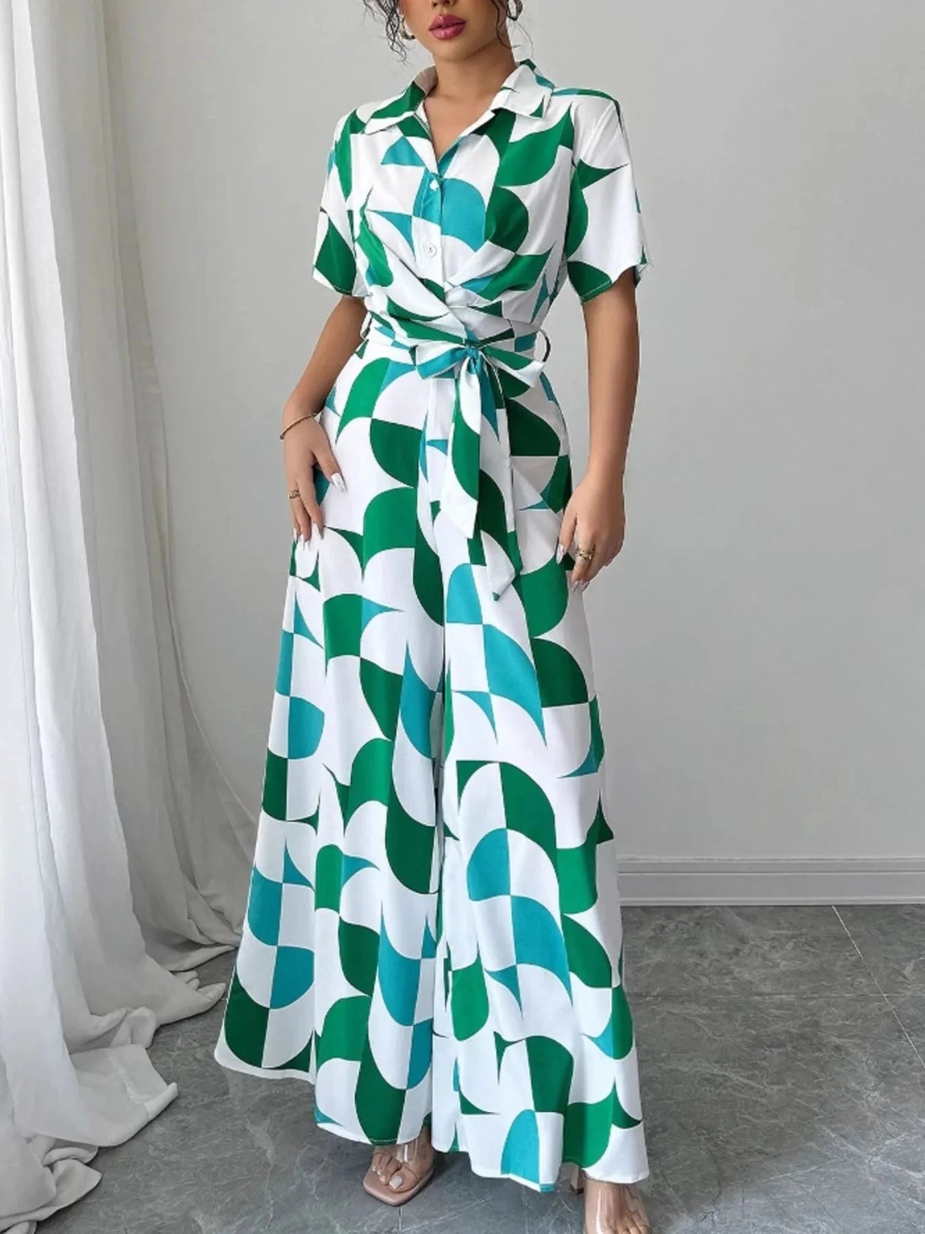 Printed Wide Leg Belted Jumpsuit Turquoise / S