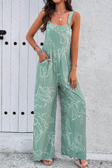 Printed Wide Strap Jumpsuit with Pockets Light Green / S