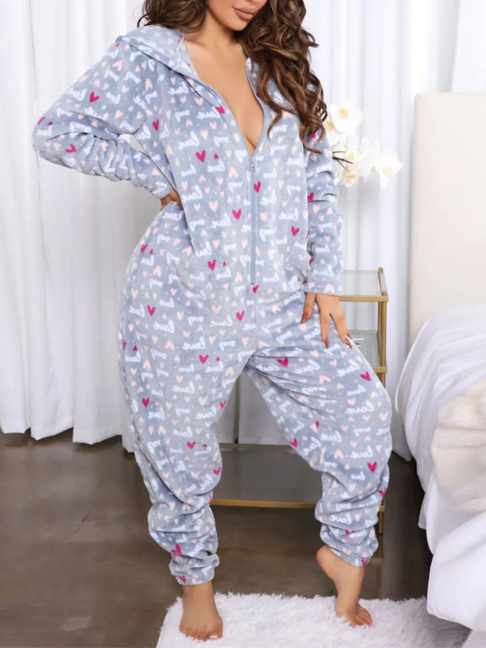 Printed Zip Up Long Sleeve Hooded Lounge Jumpsuit Gray / S