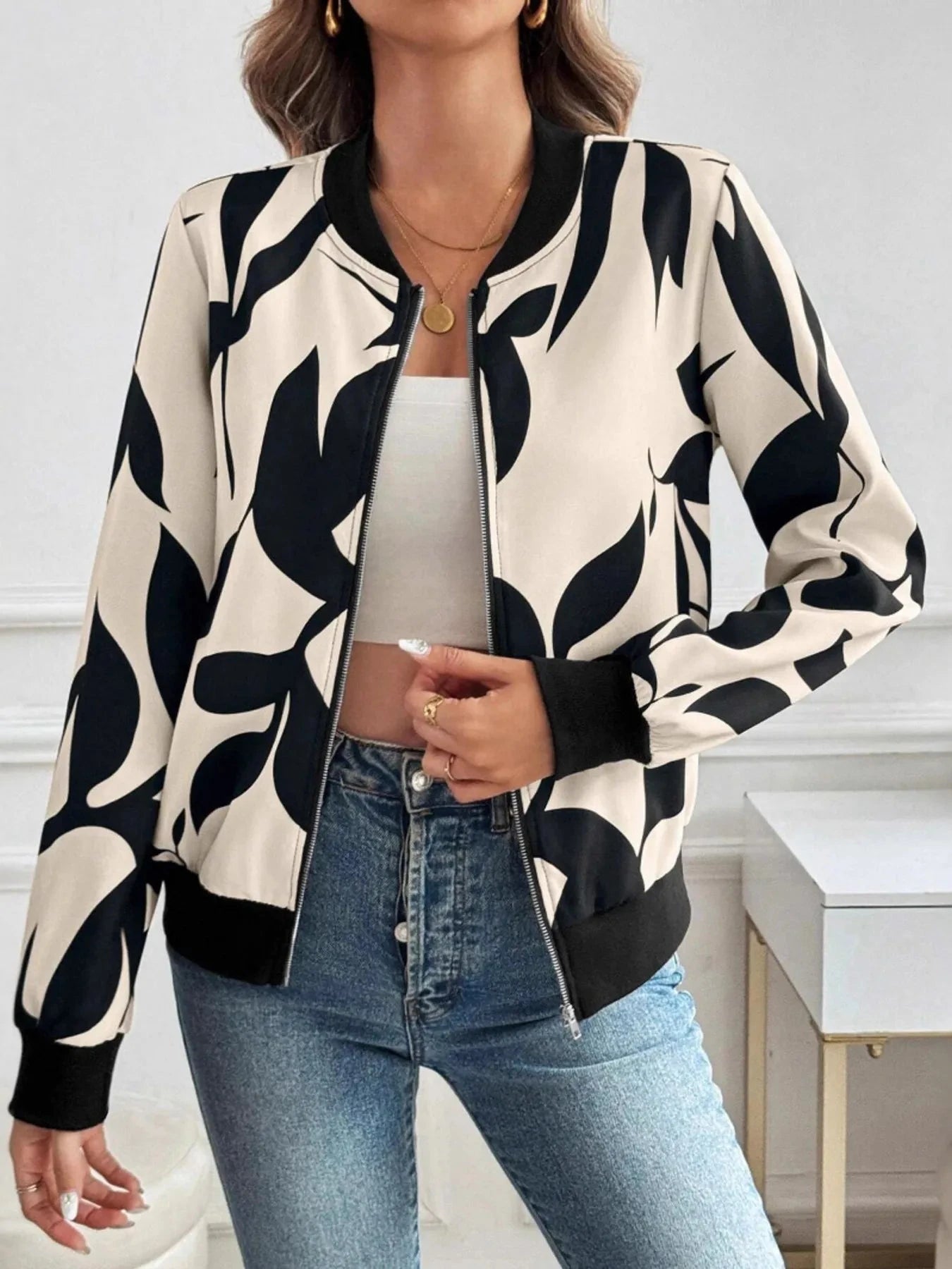 Printed Zip Up Long Sleeve Jacket