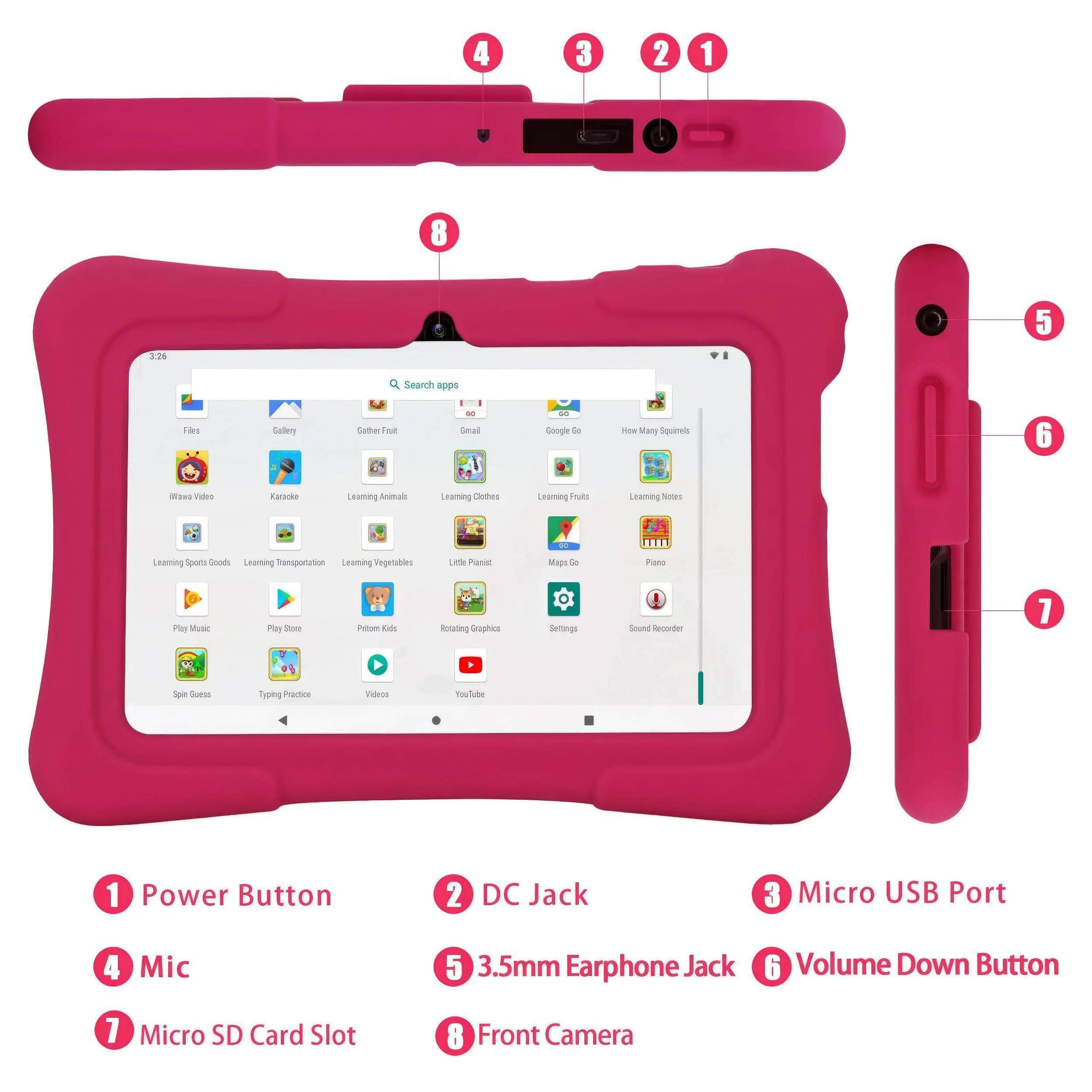 PRITOM 7 Inch Kids Tablet - Quad Core, Android 10, 32GB Storage, WiFi, Bluetooth, Educational Software