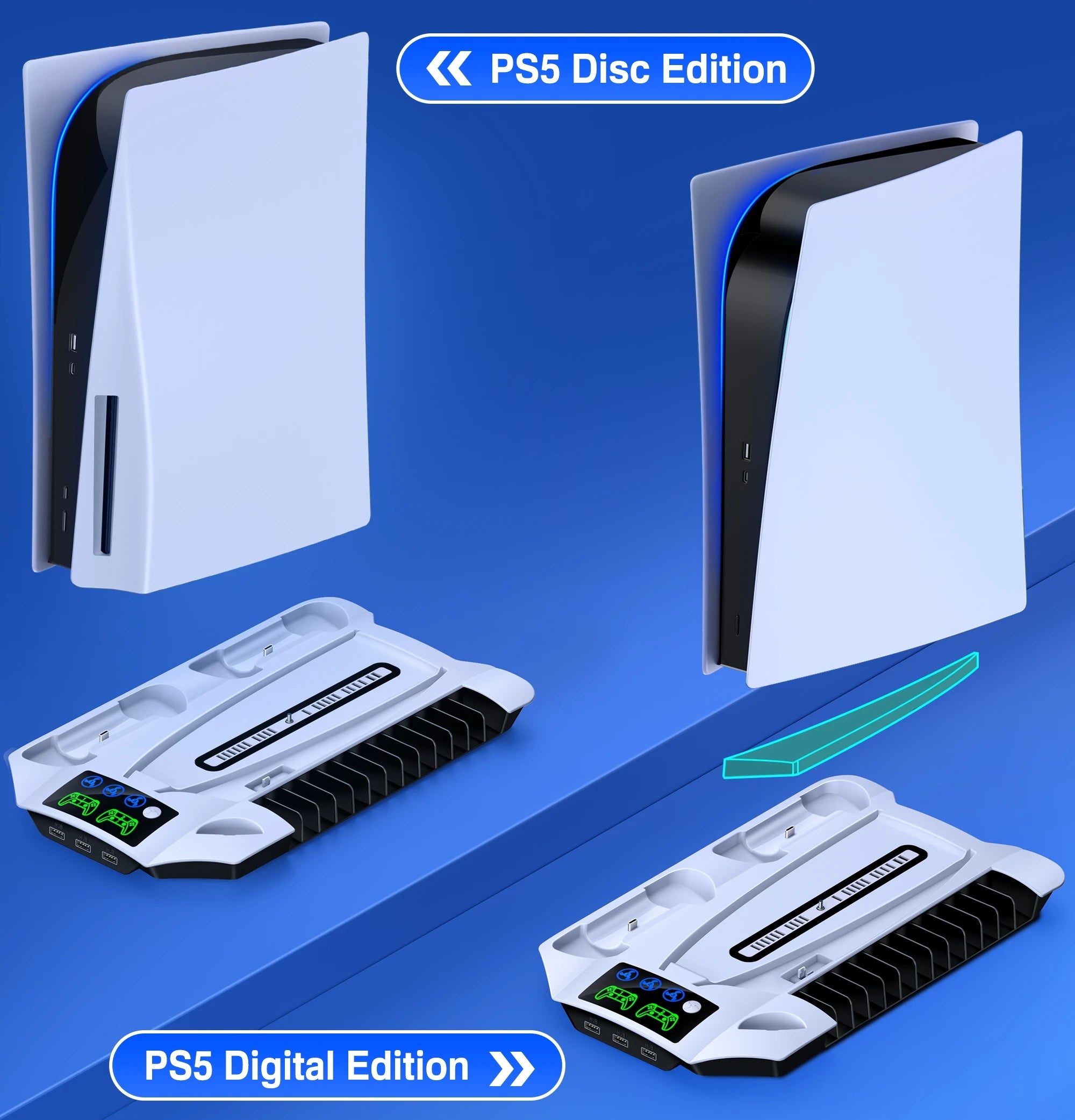 PS5 Vertical Stand with 3-Mode LED Cooling Fan, 2 Controller Charging Dock, 13 Game Slot for Sony Playstation 5 Disc/Digital
