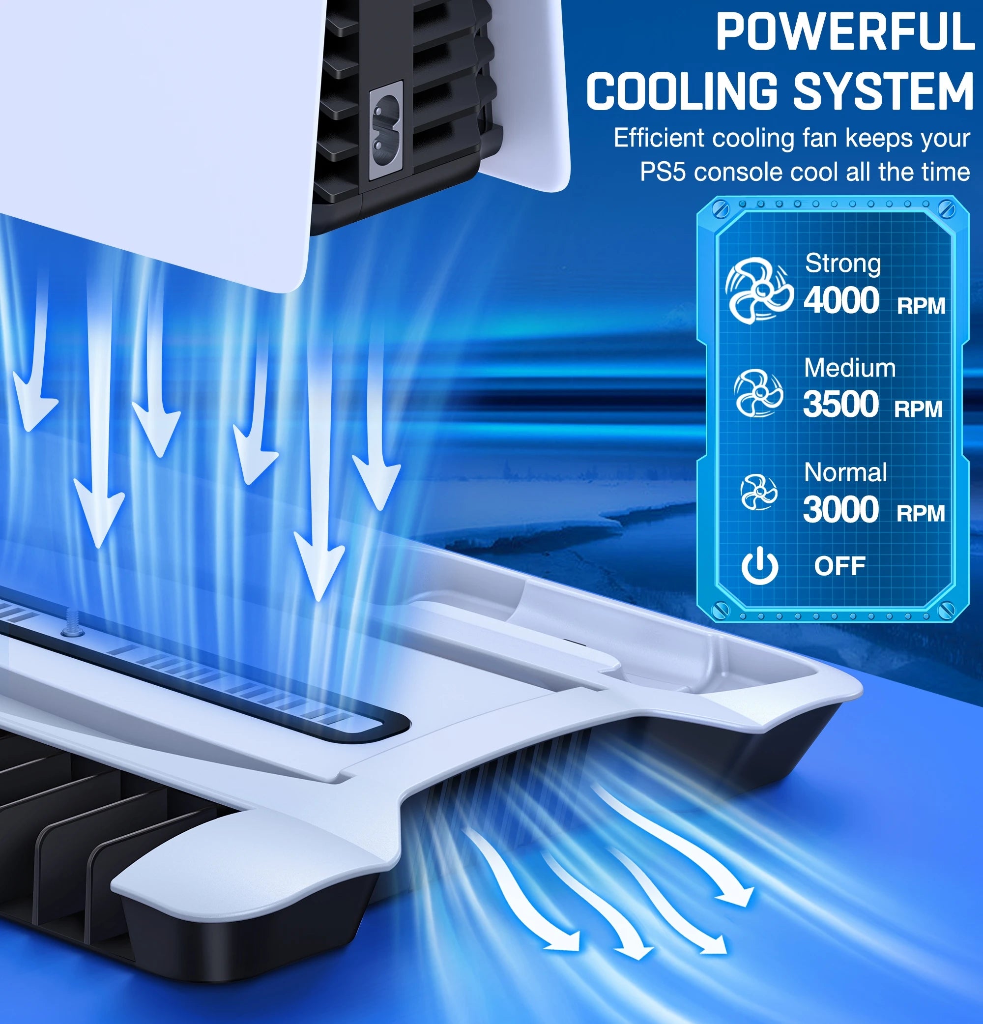 PS5 Vertical Stand with 3-Mode LED Cooling Fan, 2 Controller Charging Dock, 13 Game Slot for Sony Playstation 5 Disc/Digital