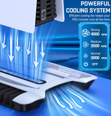 PS5 Vertical Stand with 3-Mode LED Cooling Fan, 2 Controller Charging Dock, 13 Game Slot for Sony Playstation 5 Disc/Digital
