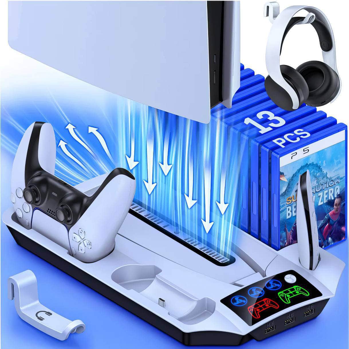 PS5 Vertical Stand with 3-Mode LED Cooling Fan, 2 Controller Charging Dock, 13 Game Slot for Sony Playstation 5 Disc/Digital