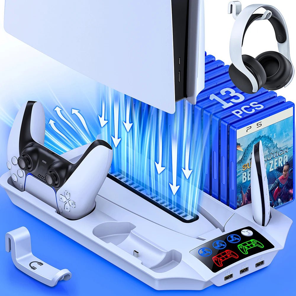 PS5 Vertical Stand with 3-Mode LED Cooling Fan, 2 Controller Charging Dock, 13 Game Slot for Sony Playstation 5 Disc/Digital BEBONCOOL Q254