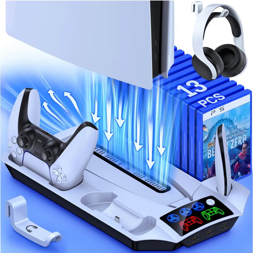 PS5 Vertical Stand with 3-Mode LED Cooling Fan, 2 Controller Charging Dock, 13 Game Slot for Sony Playstation 5 Disc/Digital BEBONCOOL Q274