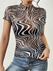 Psychedelic Wave Print Mock Neck T-Shirt Black / S