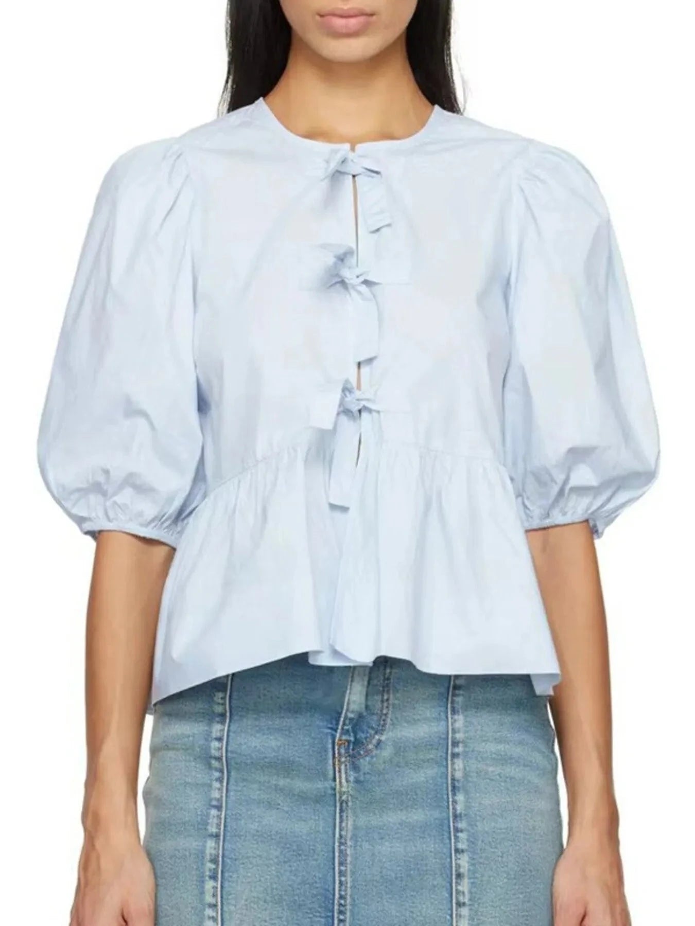 Puff Sleeve Bow Tie Blouse Blue / S
