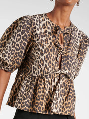 Puff Sleeve Bow Tie Blouse Leopard / S