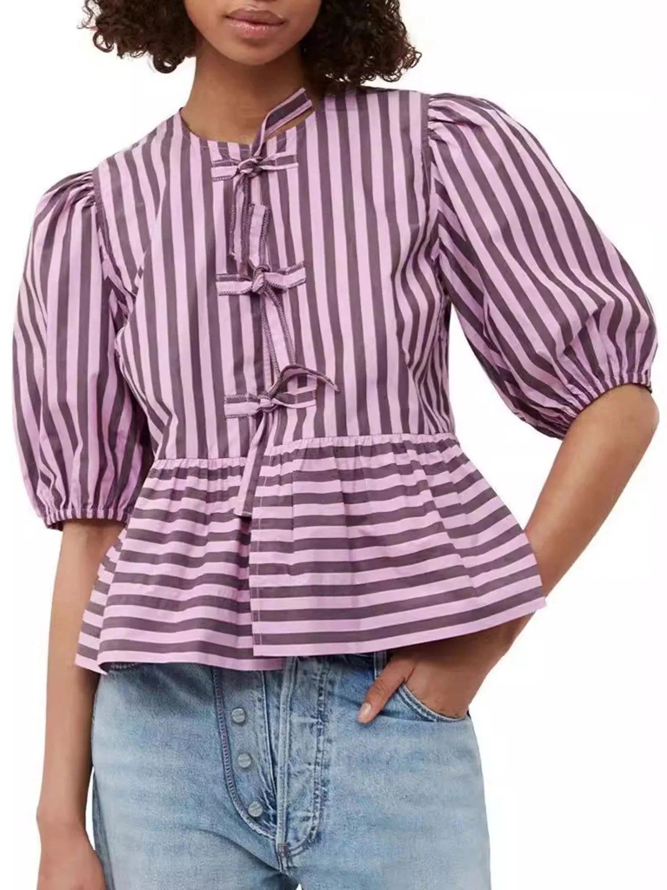 Puff Sleeve Bow Tie Blouse Purple / S