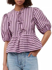 Puff Sleeve Bow Tie Blouse Purple / S