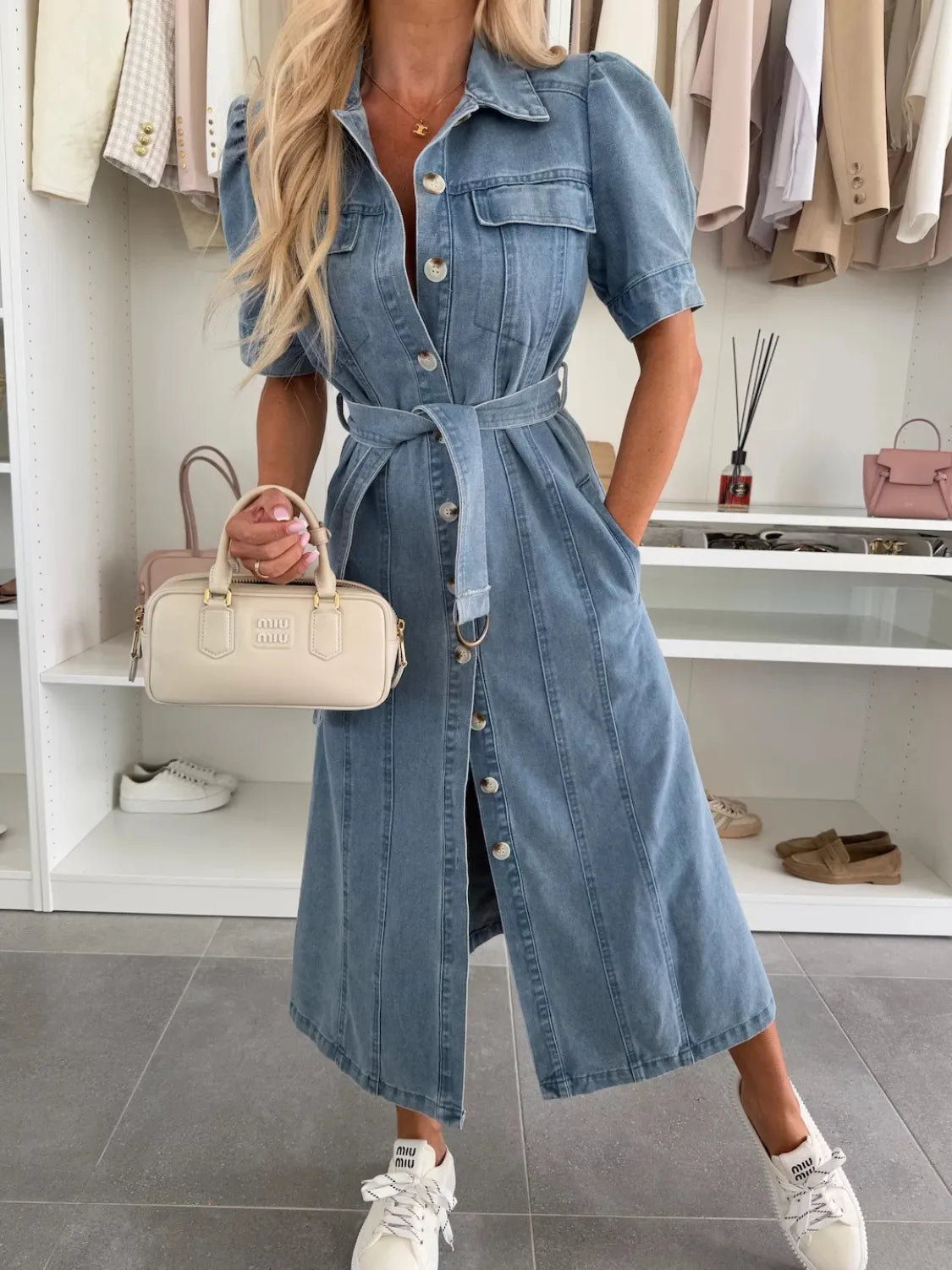 Puff Sleeve Button Down Belted Denim Midi Dress Blue / S