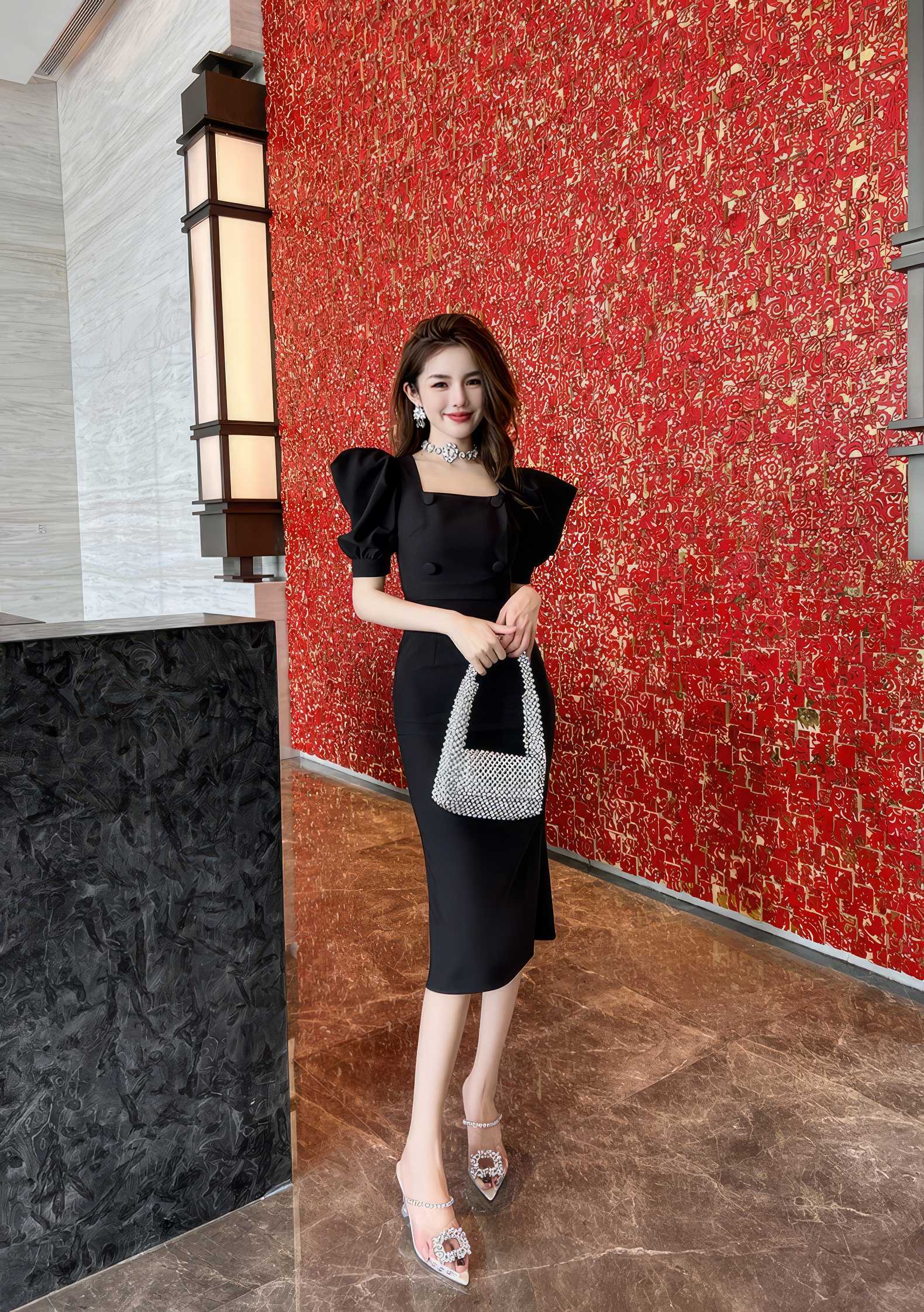 Puff Sleeve Buttoned Double-Breasted Dress