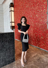 Puff Sleeve Buttoned Double-Breasted Dress