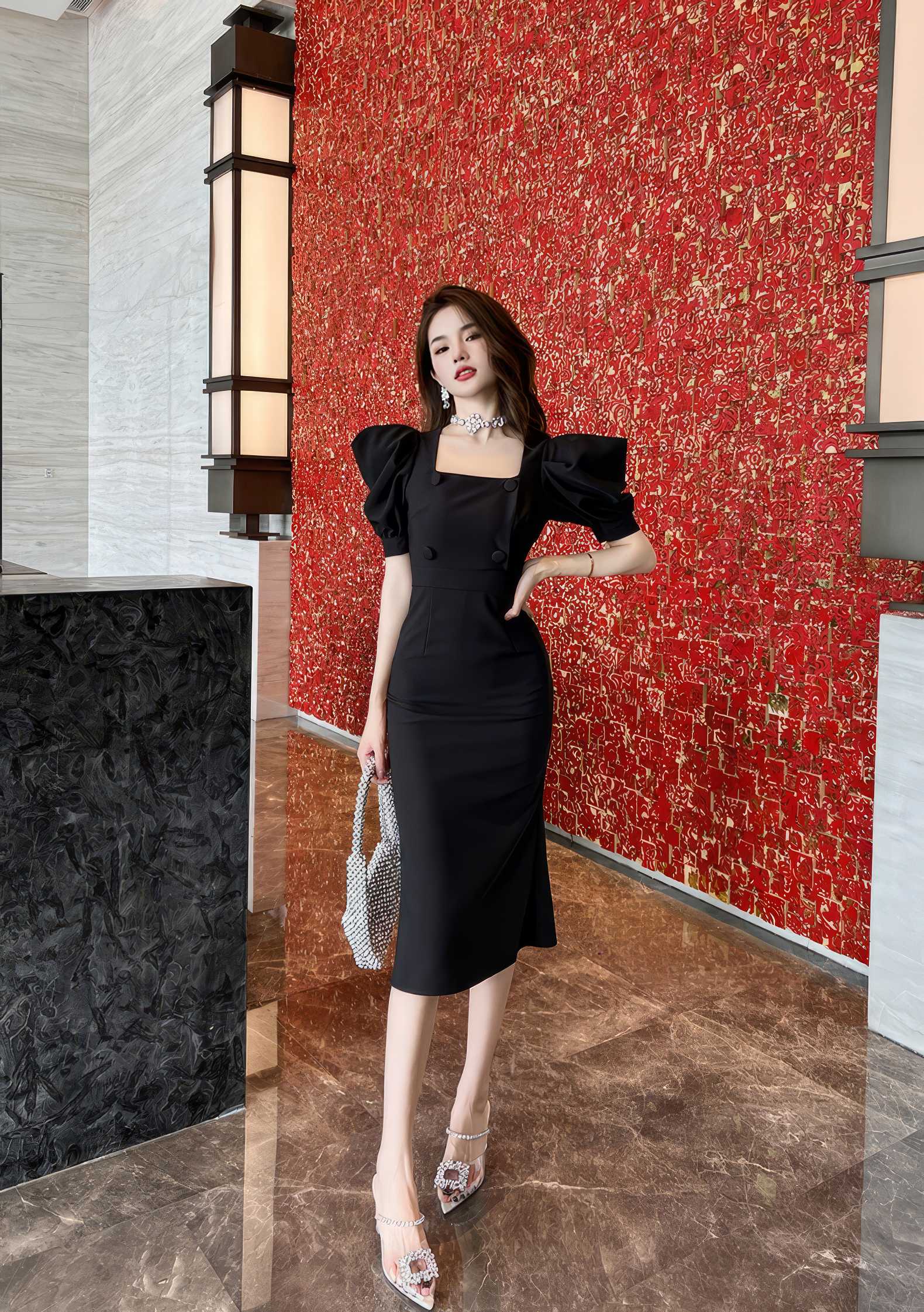 Puff Sleeve Buttoned Double-Breasted Dress