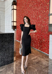 Puff Sleeve Buttoned Double-Breasted Dress
