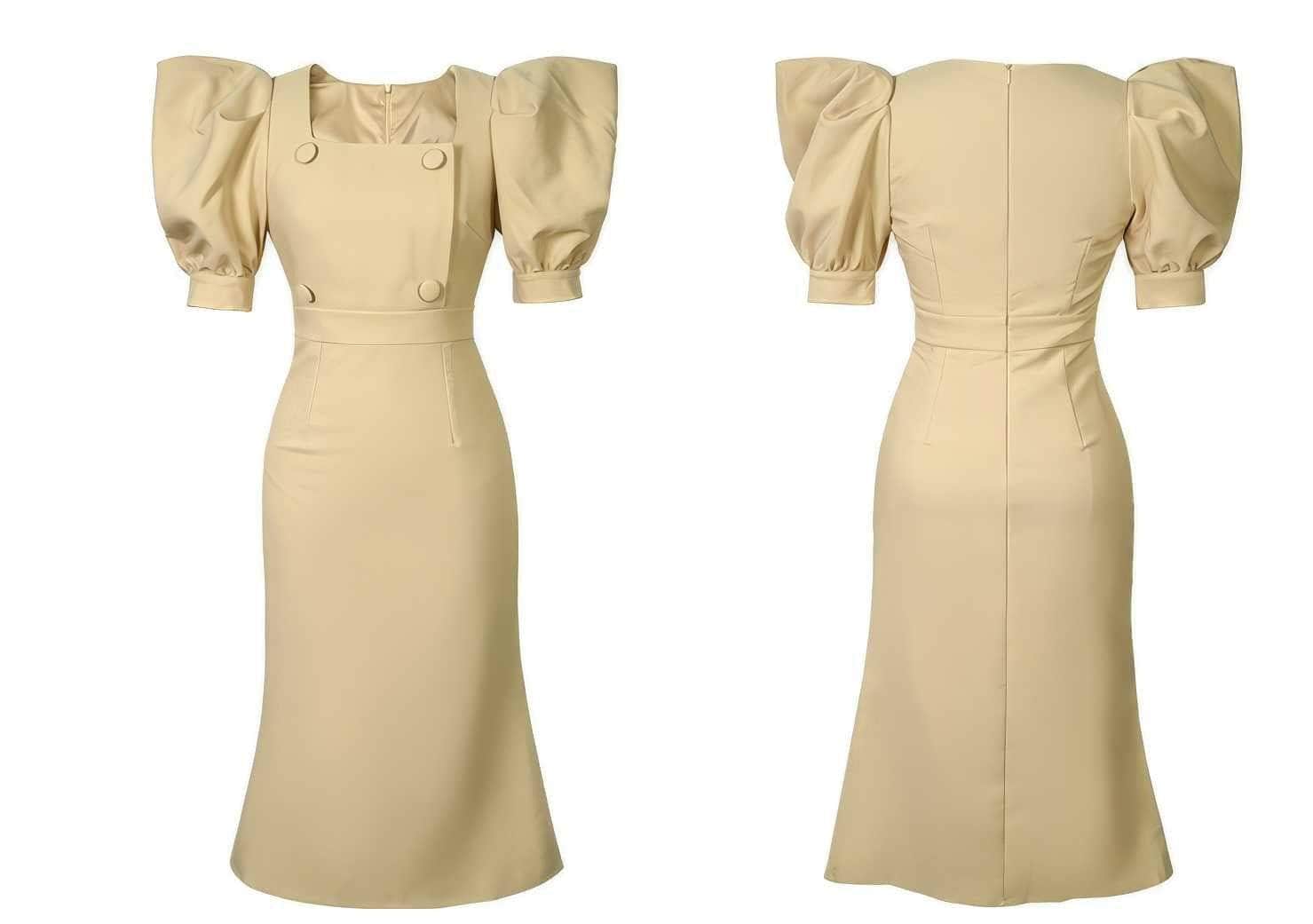 Puff Sleeve Buttoned Double-Breasted Dress