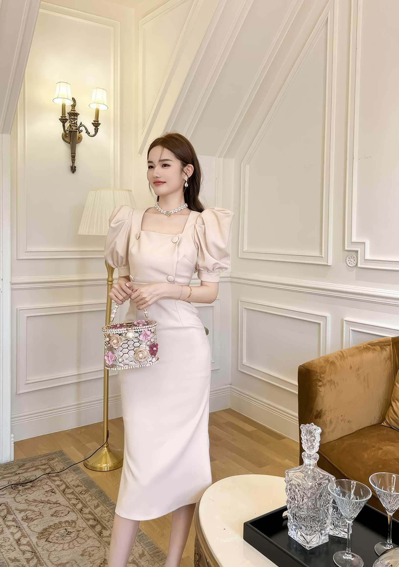 Puff Sleeve Buttoned Double-Breasted Dress