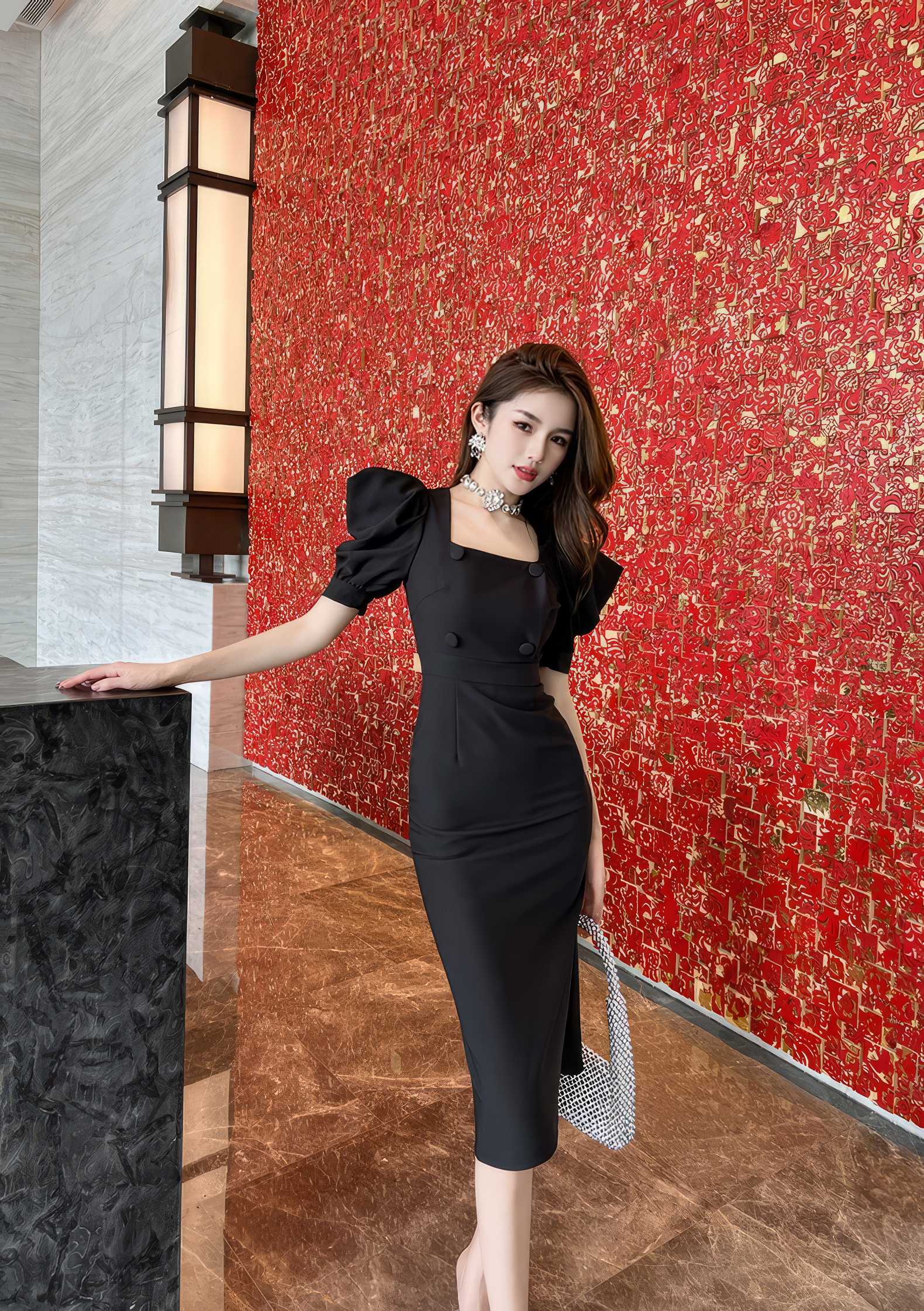 Puff Sleeve Buttoned Double-Breasted Dress