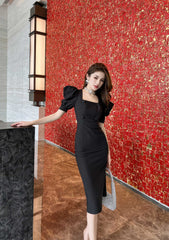 Puff Sleeve Buttoned Double-Breasted Dress