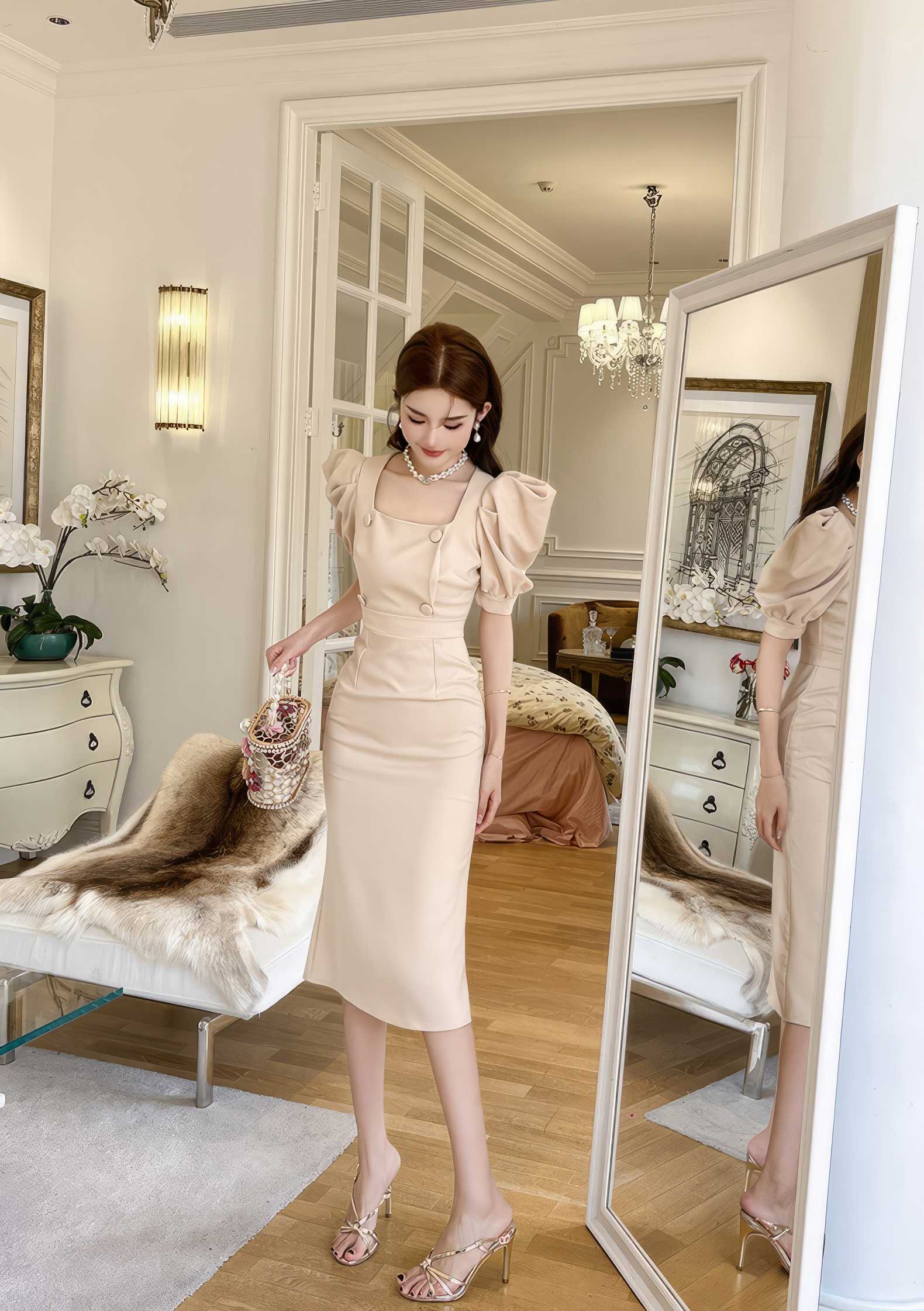 Puff Sleeve Buttoned Double-Breasted Dress
