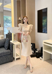 Puff Sleeve Buttoned Double-Breasted Dress