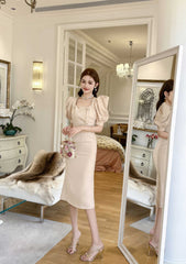 Puff Sleeve Buttoned Double-Breasted Dress