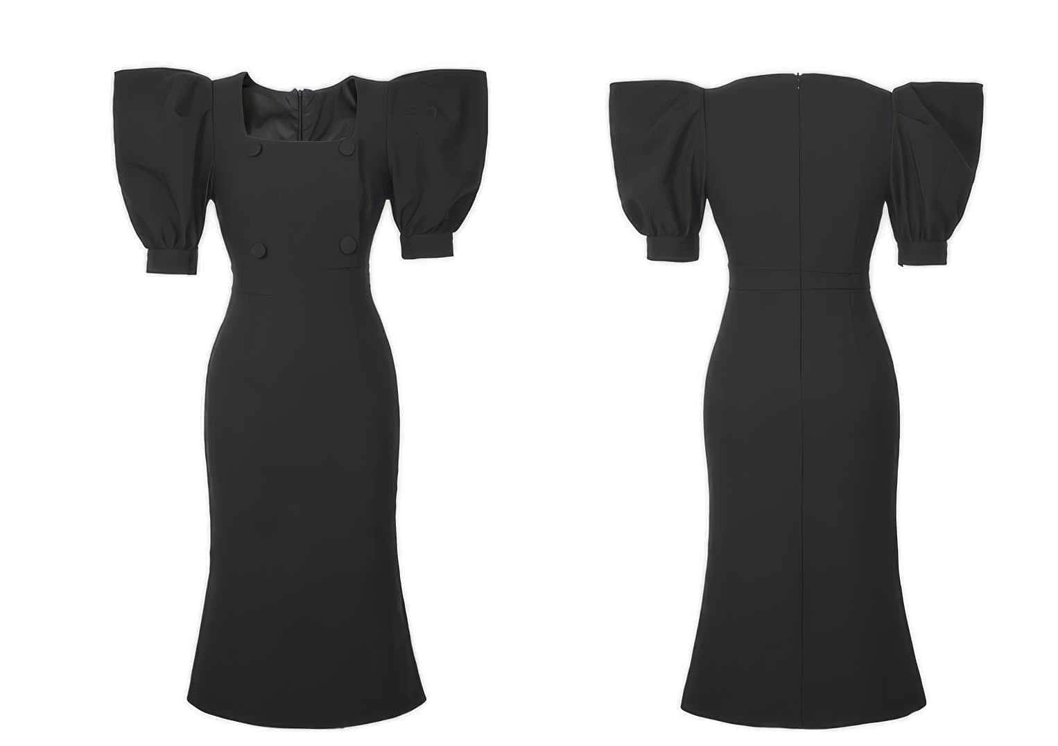 Puff Sleeve Buttoned Double-Breasted Dress