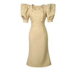 Puff Sleeve Buttoned Double-Breasted Dress