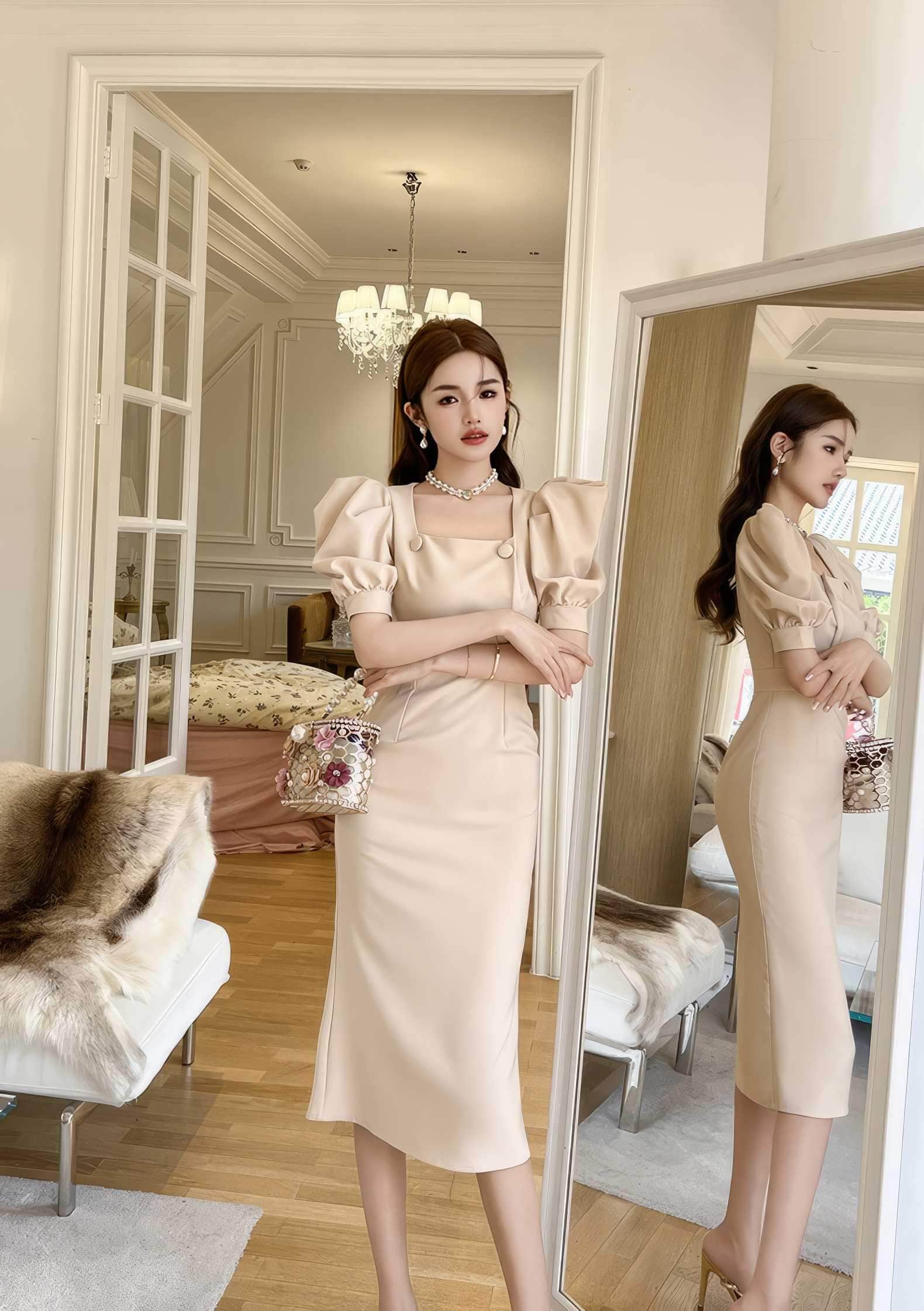 Puff Sleeve Buttoned Double-Breasted Dress