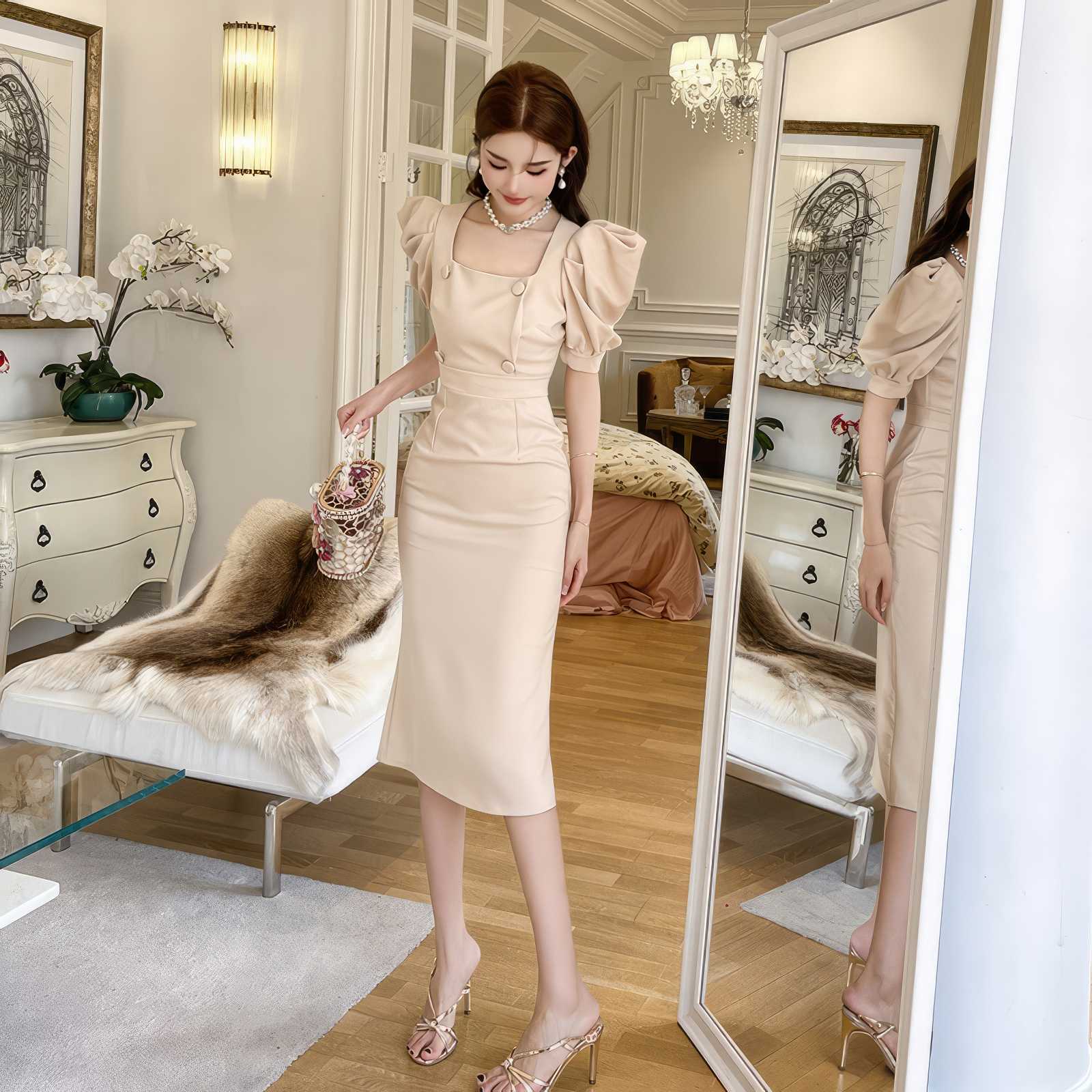 Puff Sleeve Buttoned Double-Breasted Dress