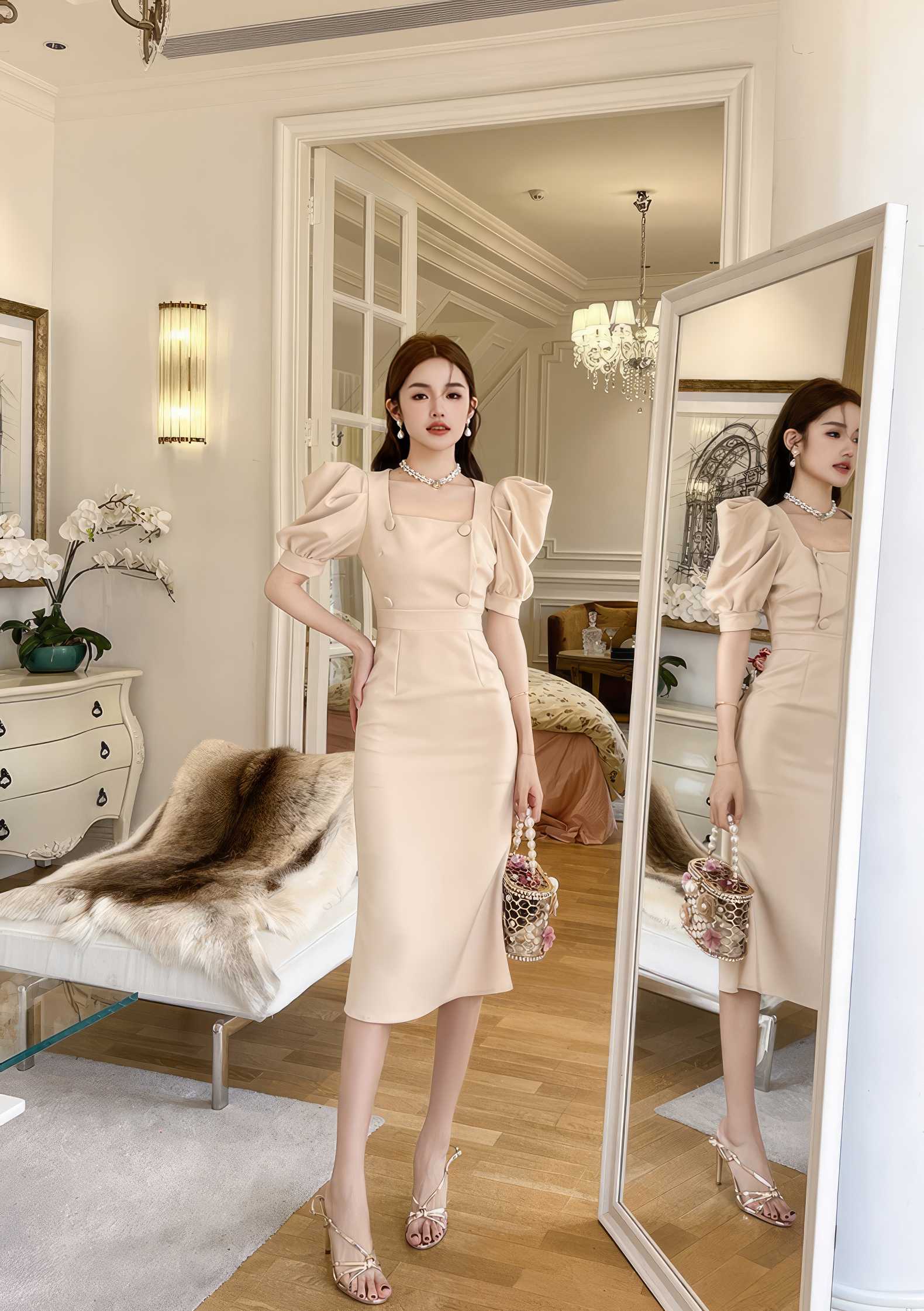 Puff Sleeve Buttoned Double-Breasted Dress