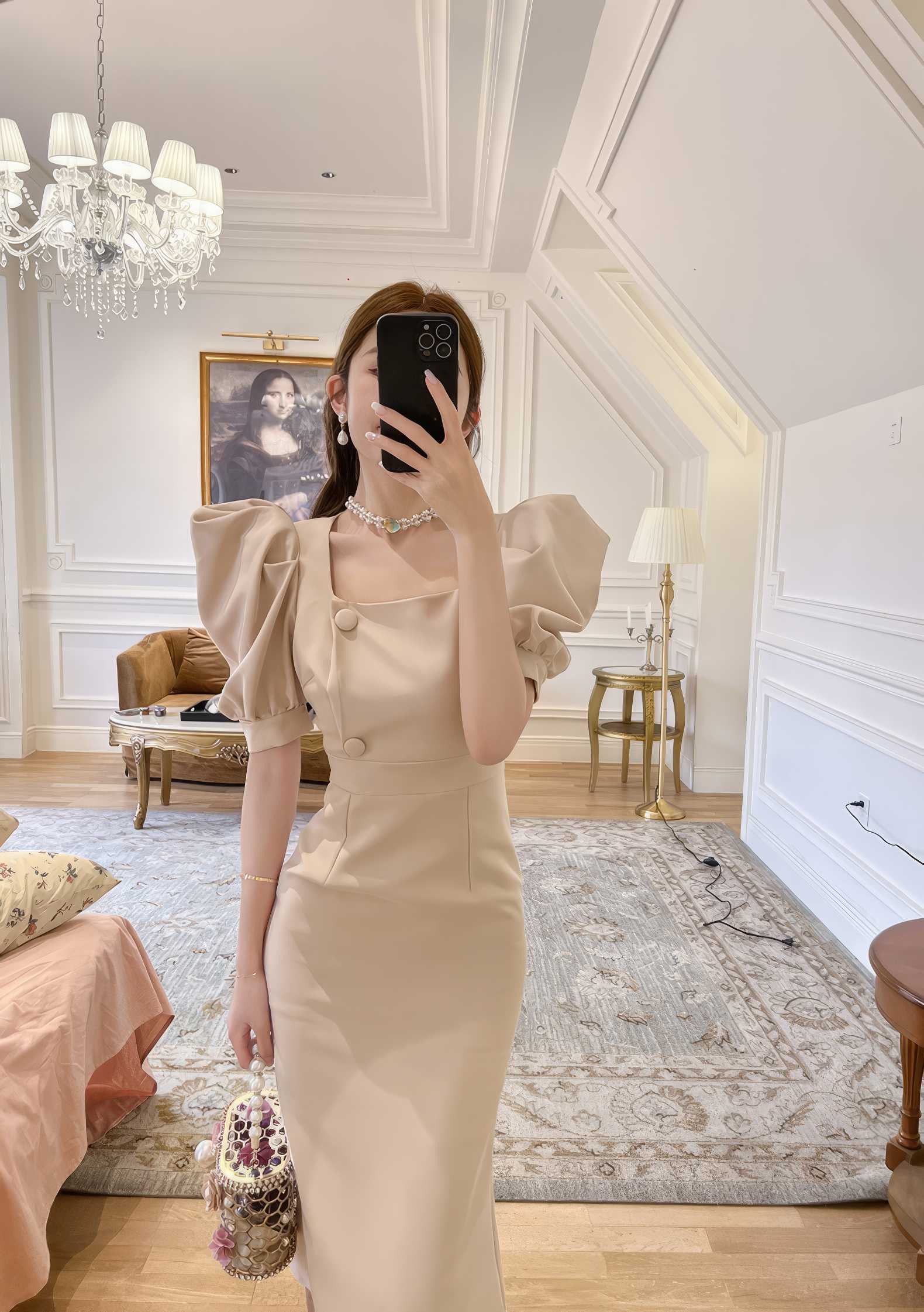 Puff Sleeve Buttoned Double-Breasted Dress